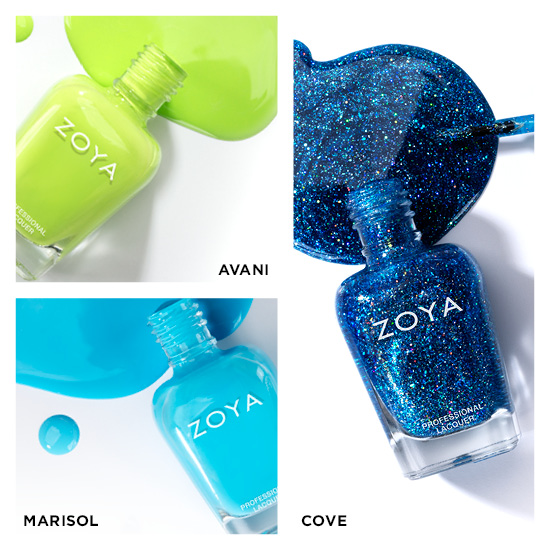 Beachy Brights 2 - Neon ZOYA Nail Polish Complete Trio 2: Avani (green), Marisol(blue), Cove(blue)